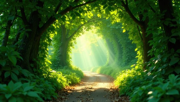 Dappled light filters through a tunnel's green grid, green grid net, leafy, sunbeams