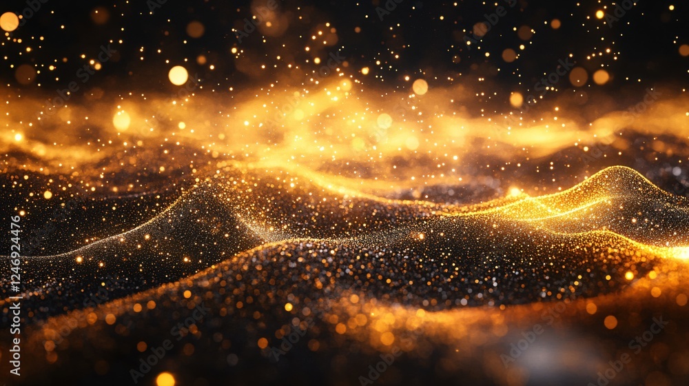 Poster golden ethereal particles floating on a dark background with a soft bokeh effect