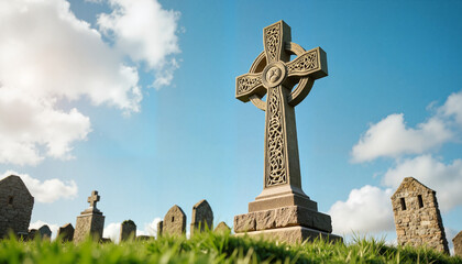Celtic cross monument under blue sky for St. Patrick's Day remembrance at a historic site