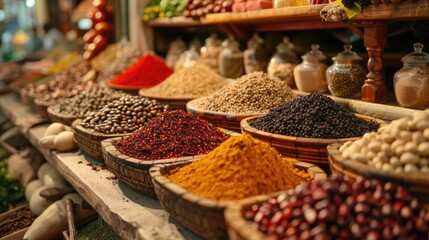 A vibrant display of colorful spices in woven baskets at a traditional market, showcasing aromatic and diverse ingredients.
