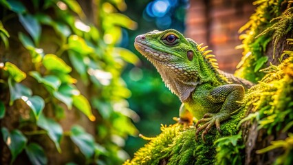 Fototapeta premium Oriental Garden Lizard on Lush Green Background - Urban Exploration Photography Stock Photo
