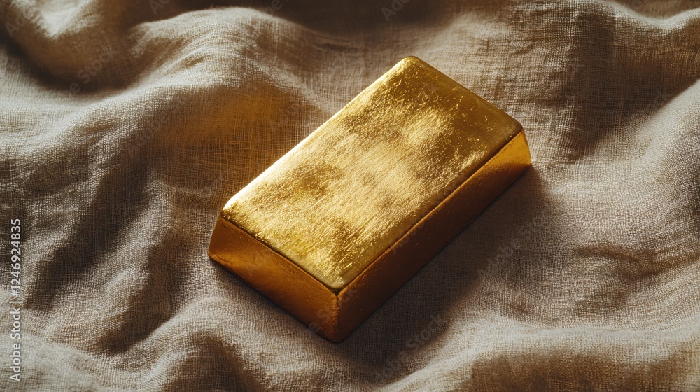 Poster gleaming gold bar resting on a textured fabric with soft light creating a rich and luxurious feel