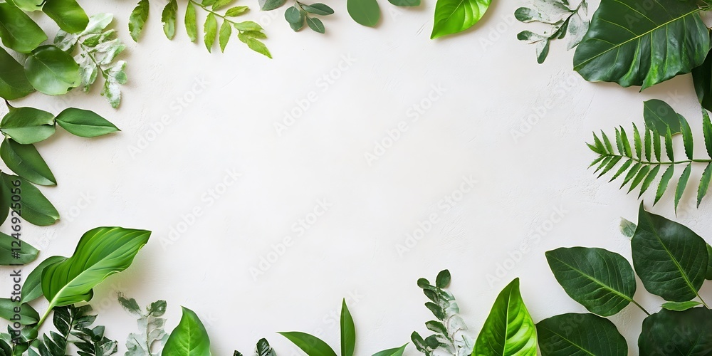 Poster Lush Greenery Leaf Frame on Minimalistic Background with Space for Text : Generative AI