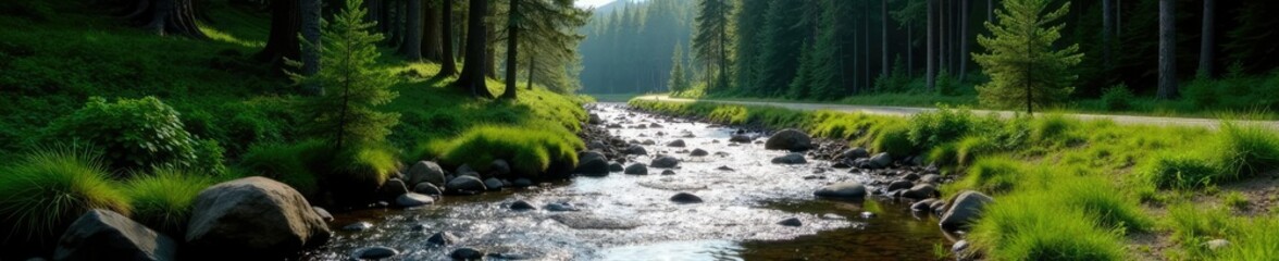 A stream babbles beside the highway through a lush pine forest, terrain, pine, natural