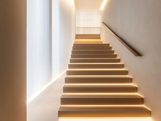 Fototapeta premium A staircase with a railing and a lighted step