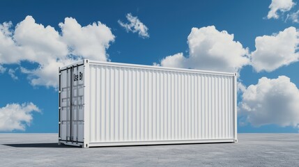 Obraz premium A white shipping container stands alone on a concrete surface under a bright blue sky with fluffy clouds.
