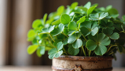 Obraz premium Shamrock plant in a rustic pot for St. Patrick's Day decoration on a wooden table 