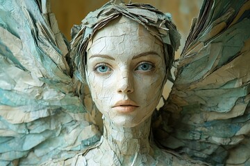A woman's face sculpted from aged paper, evoking ethereal beauty.