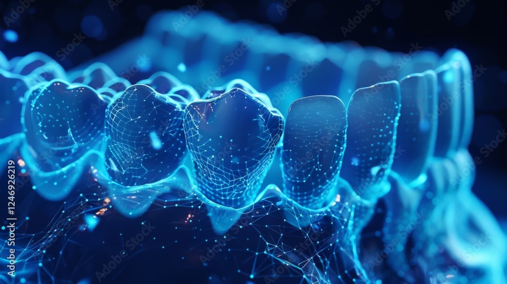 Poster a detailed digital illustration portrays a row of human teeth mapped with glowing blue lines and nod