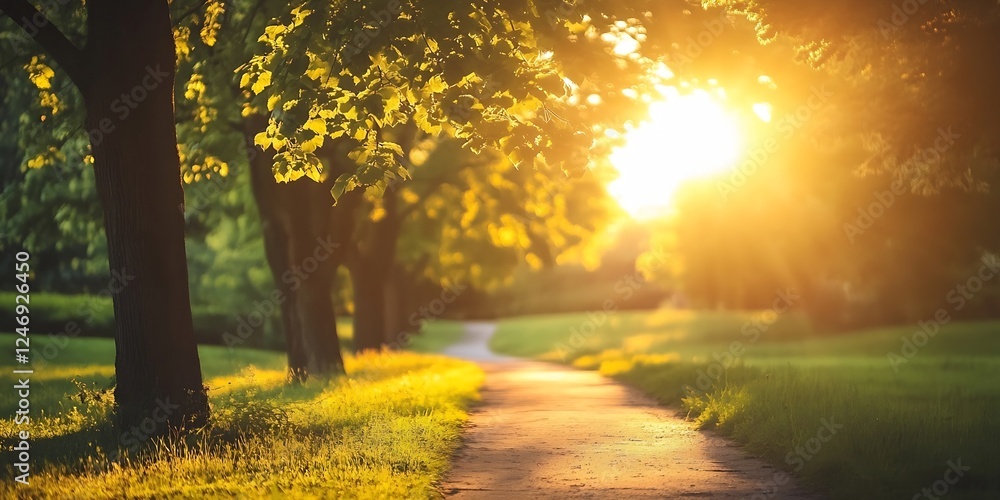 Poster serene sunlit forest pathway through lush green trees capturing natural tranquility : generative ai