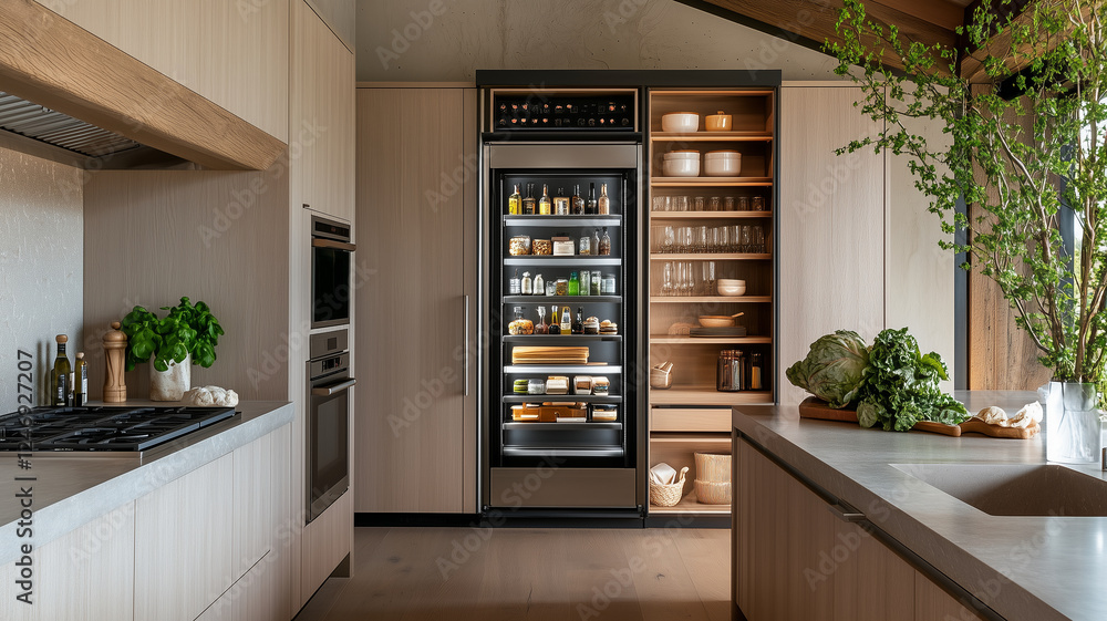 Wall mural Modern kitchen with sleek cabinetry and organized refrigerator