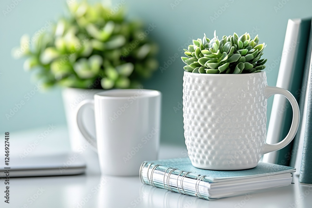 Aufkleber minimalist workspace with succulent in mug and books on desk creating a serene atmosphere