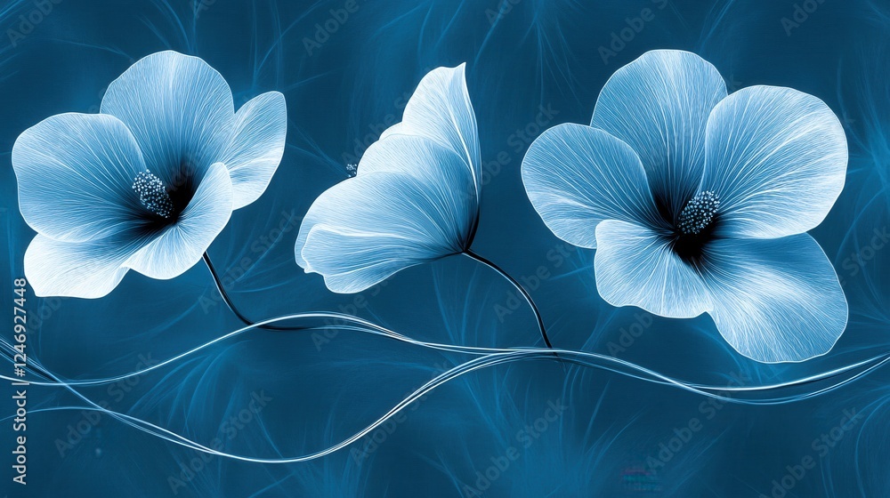 Poster three ethereal flowers on a deep blue background with flowing lines creating a soft mood
