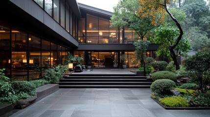 Obraz premium Modern house, garden, city view, evening. Architecture, design, luxury real estate