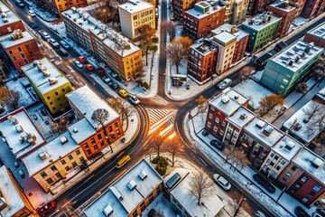 Naklejka premium Panoramic Aerial: Spinning Snowy Brooklyn Intersection Descent