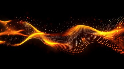 Abstract glowing wave of fluid dots on a dark background with a wave shape
