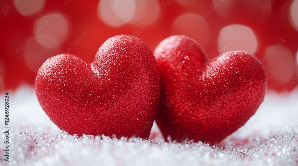 Poster Sparkling Red Heart Shaped Decorations on Blurred Red and White Background : Generative AI