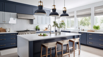 A bright coastal-style kitchen with navy blue lower cabinets, white upper cabinets, and white marble 