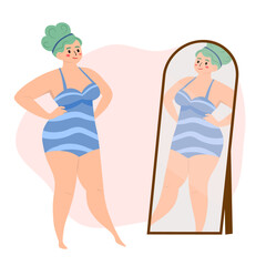 Beautiful woman bikini posing in front of the mirror. Body positive and love your body