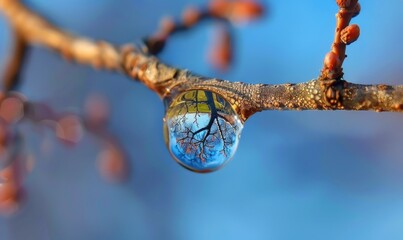 Fototapeta premium Close-up of a water droplet on a tree branch reflecting a vibrant scene against a soft blurred background, capturing nature's beauty.