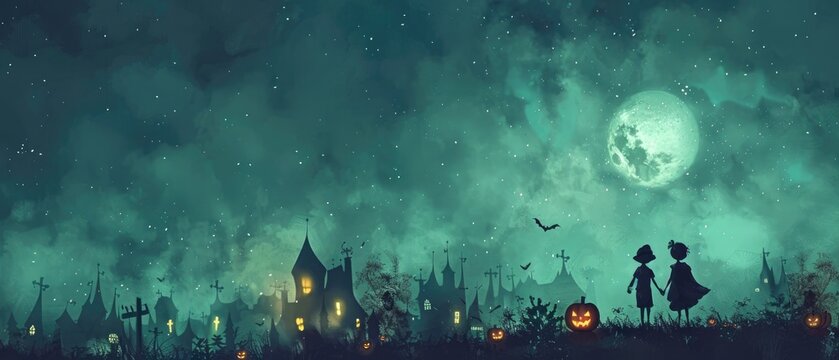 Children walking in a spooky Halloween night scene with a full moon, haunted houses, and pumpkins under an eerie sky.