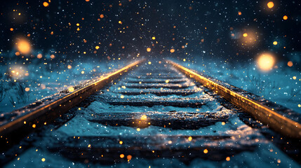 Serene Winter Railroad Journey: Atmospheric Tracks Illuminated by Bokeh Lights, Snowflakes and Fog, Embracing the Stillness of a Cold Evening Landscape with Depth and Tranquility