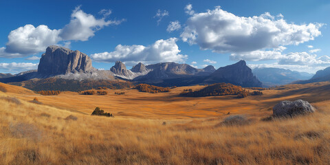 Fototapeta premium Breathtaking autumn landscape dolomites nature photography golden meadow panoramic view scenic beauty