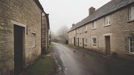 Misty village lane, Cotswolds, England; quaint homes, foggy background; idyllic travel scene