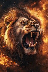 A fierce lion roaring against a dramatic fiery backdrop.