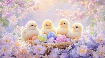 Easter background with cute chicks and colorful eggs surrounded by blossoming flowers