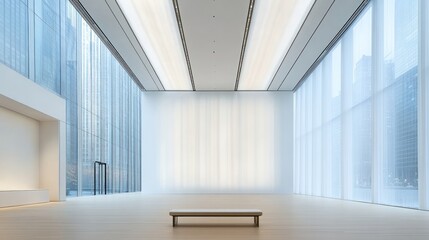 Fototapeta premium Serene Minimalist Gallery Interior with City Views