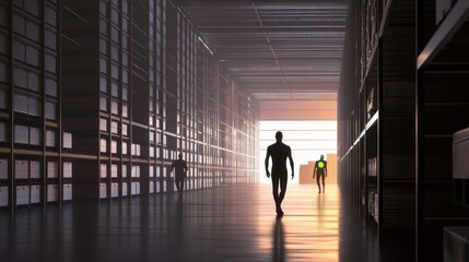 Fototapeta premium Silhouettes in a modern warehouse atmosphere.