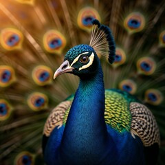 Obraz premium Majestic Peacock with Iridescent Plumage in Close-up Against Blurred Background