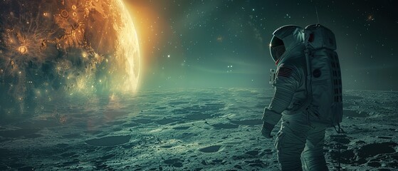 Double exposure, kosmonaut on the background of the moon with craters, copy space
