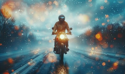 A motorcyclist rides on the road in rainy weather.