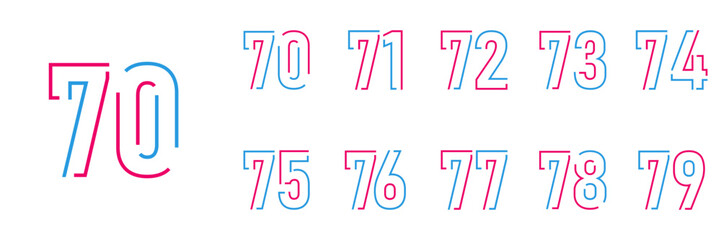 set anniversary 70 to 79 year logo designs. abstract number, icon, vector illustration
