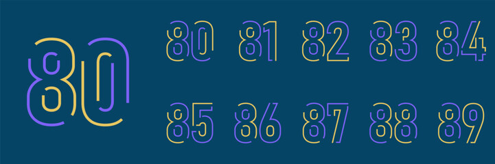 set anniversary 80 to 89 year logo designs. abstract number, icon, vector illustration