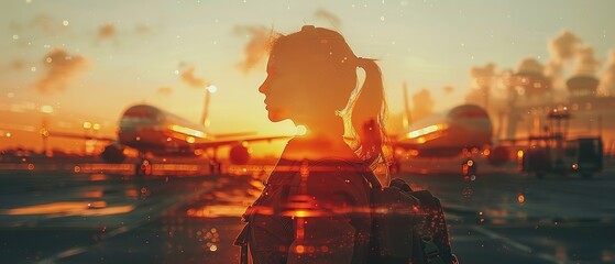 Double exposure, a person on the background of a plane 