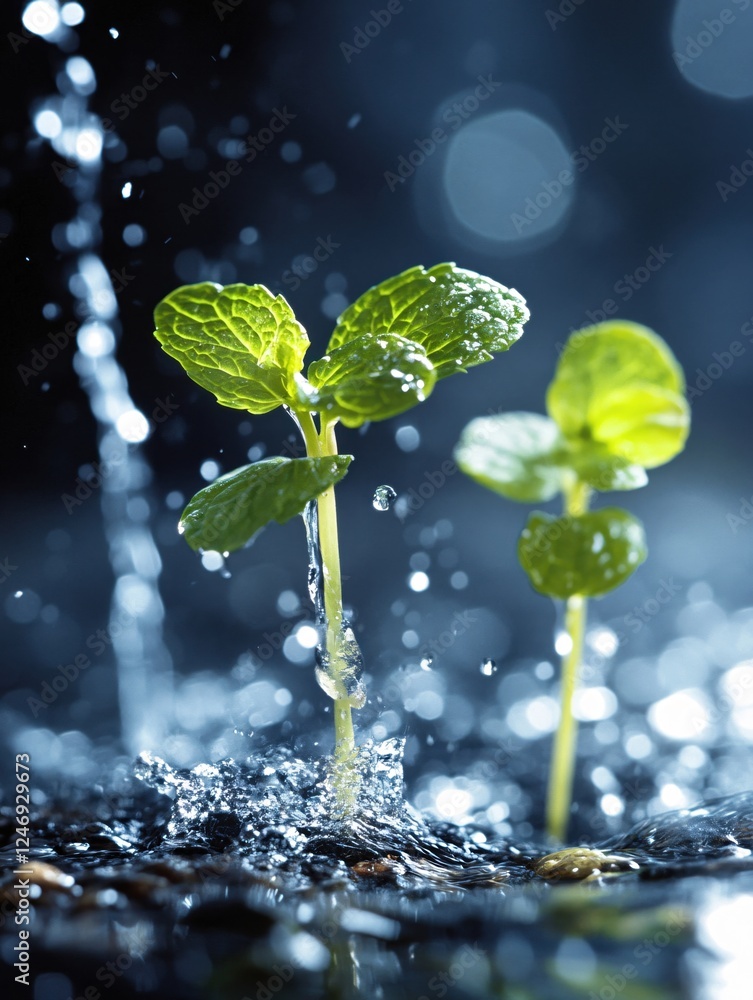 Poster fresh green sprouts receiving water on a dark background with bokeh creating a soft mood