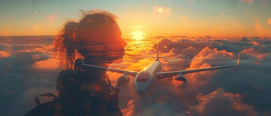 Double exposure, a person on the background of a plane 