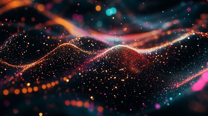 Abstract 3D vector wave with vibrant dots flowing through digital space creating a modern and dynamic background