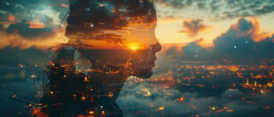 Double exposure, head woman on the background of the city