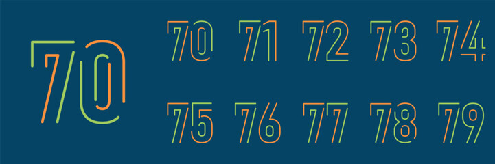 set anniversary 70 to 79 year logo designs. abstract number, icon, vector illustration