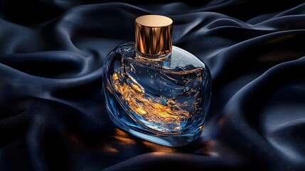 A luxury perfume-inspired beauty bottle, deep royal blue with gold details, elegantly placed on black satin.