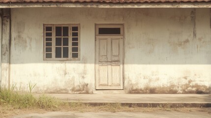 Naklejka premium Old weathered house facade, rural setting, sunlit, for design