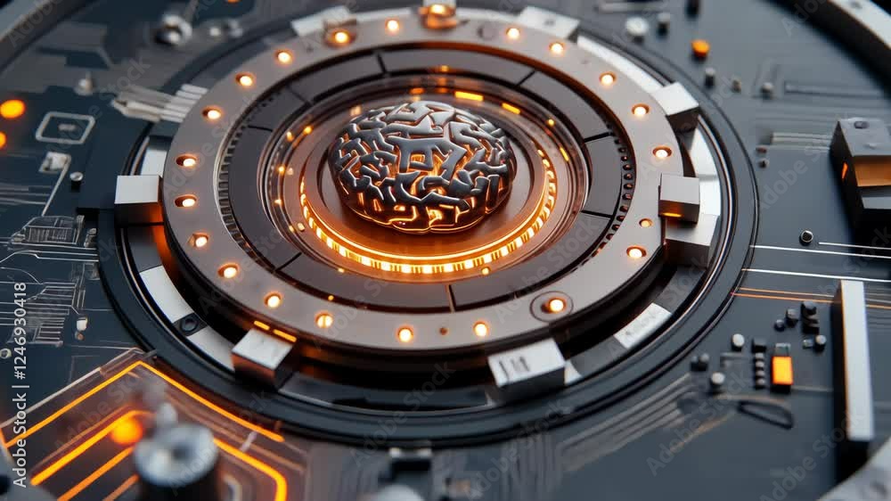 Poster a deep dive into innovative circuitry featuring illuminated elements and a central brain-like struct