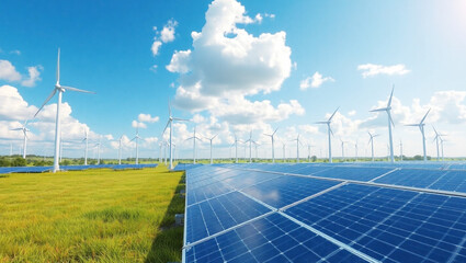 Renewable energy landscape. wind turbines and solar panels background, sustainable power.