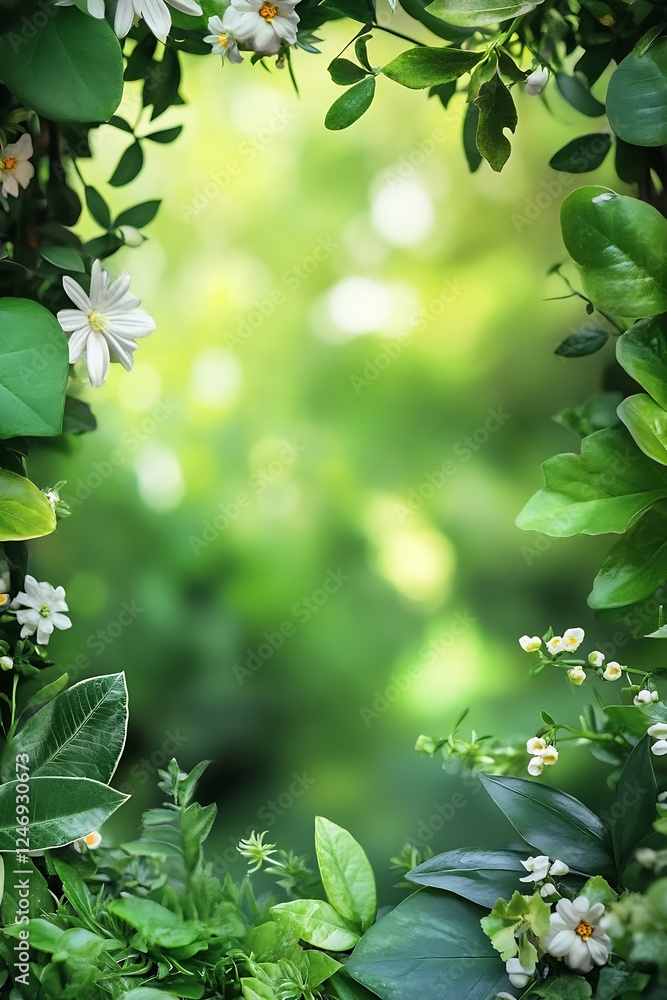 Poster natural greenery frame with white flowers against a soft focus background : generative ai