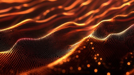 A digital wave of moving dots in 3D vector style with orange light and dark background