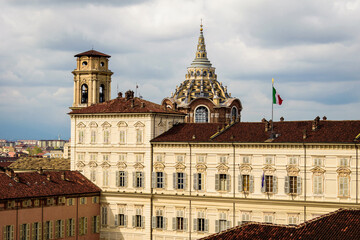 Fototapeta premium Turin, Italy. A view of the Savoy Royal palace and the Guarini's holy shroud Chapel, from Palazzo Madama.